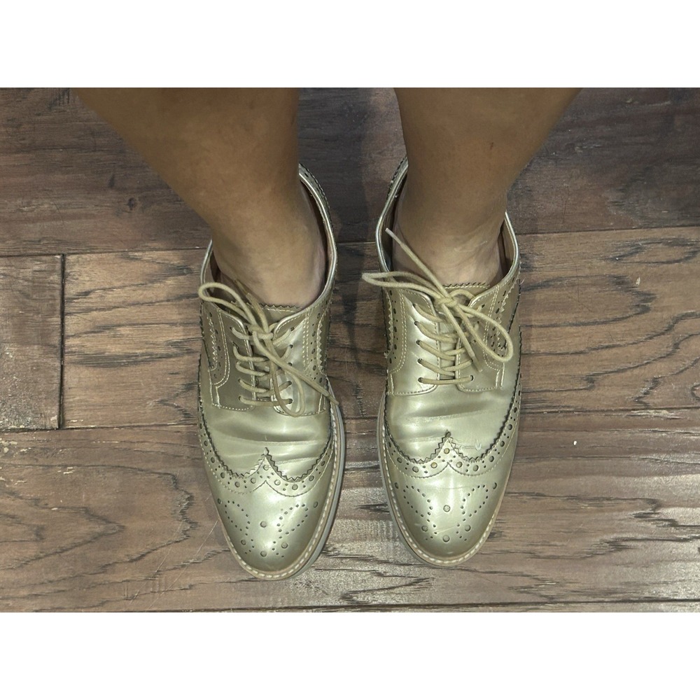 Zara Gold Metallic Wingtip Loafers Women's Size 9.5 Platform Preppy Boho Y2K - Picture 11 of 16
